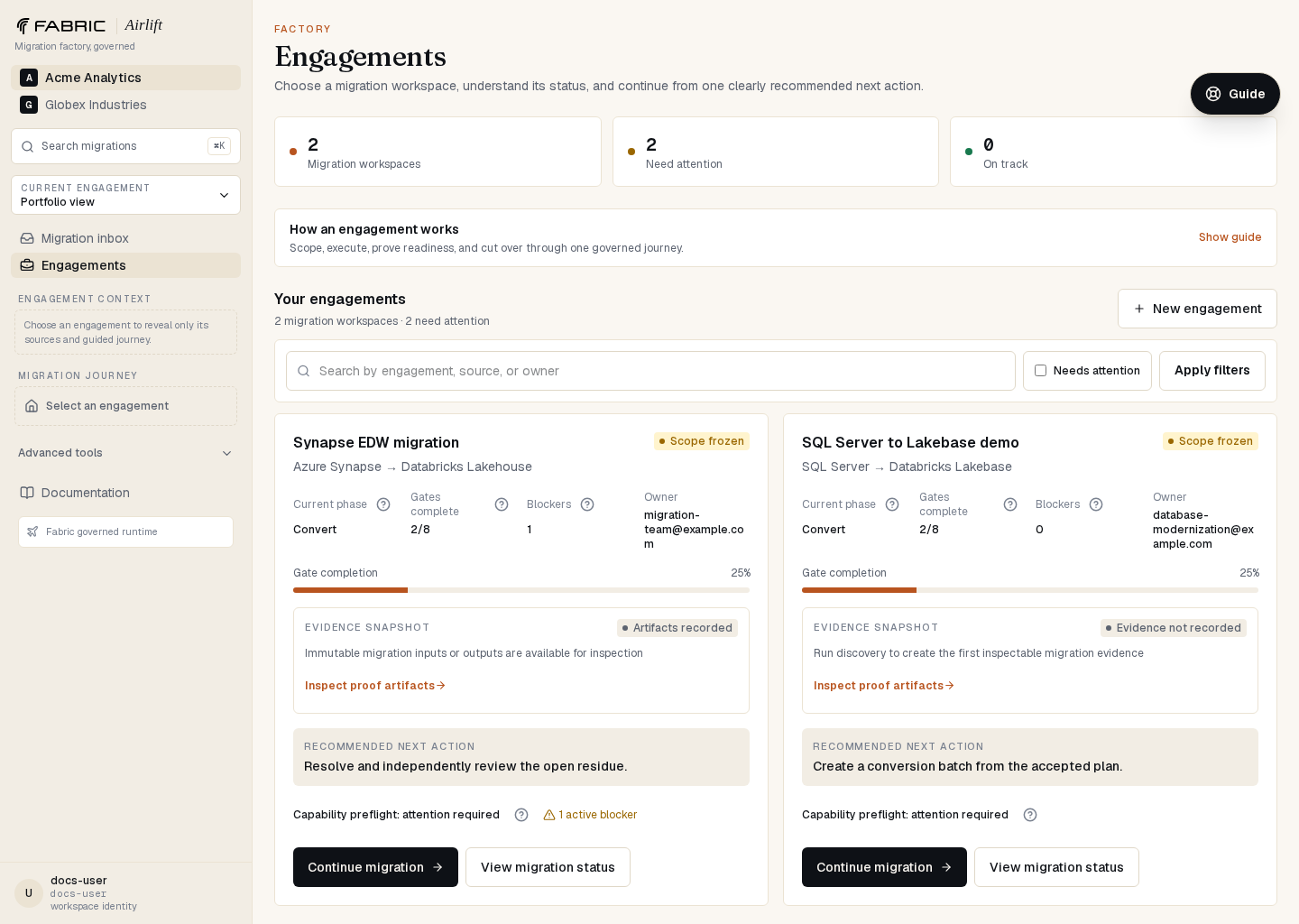 Airlift engagement portfolio with migration progress, blockers, owners, and recommended next actions