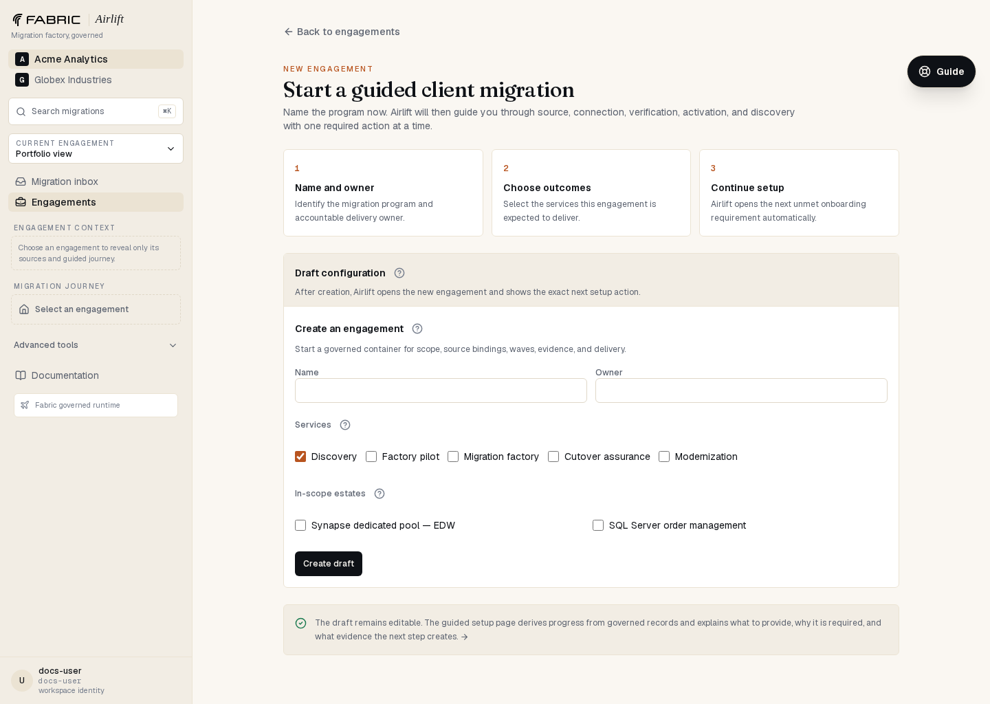 New Airlift engagement form for naming a migration, assigning an owner, and selecting delivery services