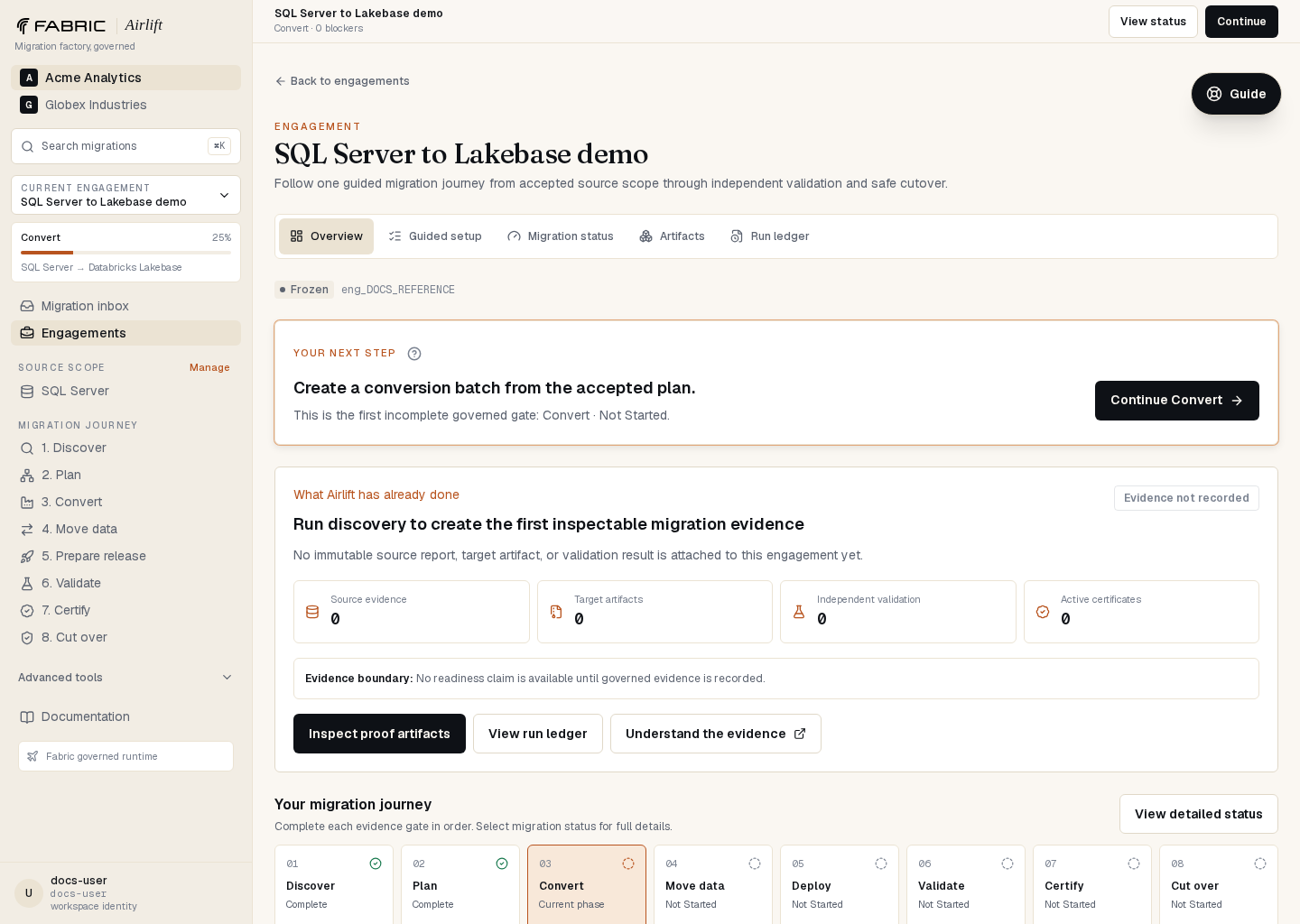 SQL Server to Lakebase engagement overview with governed progress and next action