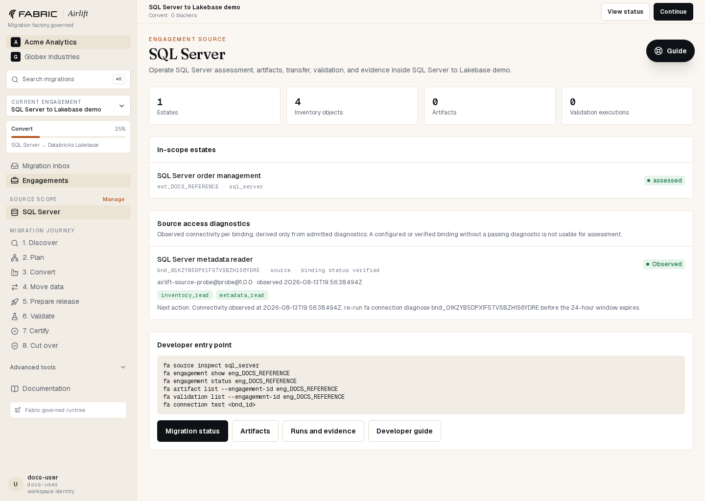 Engagement-scoped SQL Server source workspace for a Databricks Lakebase migration