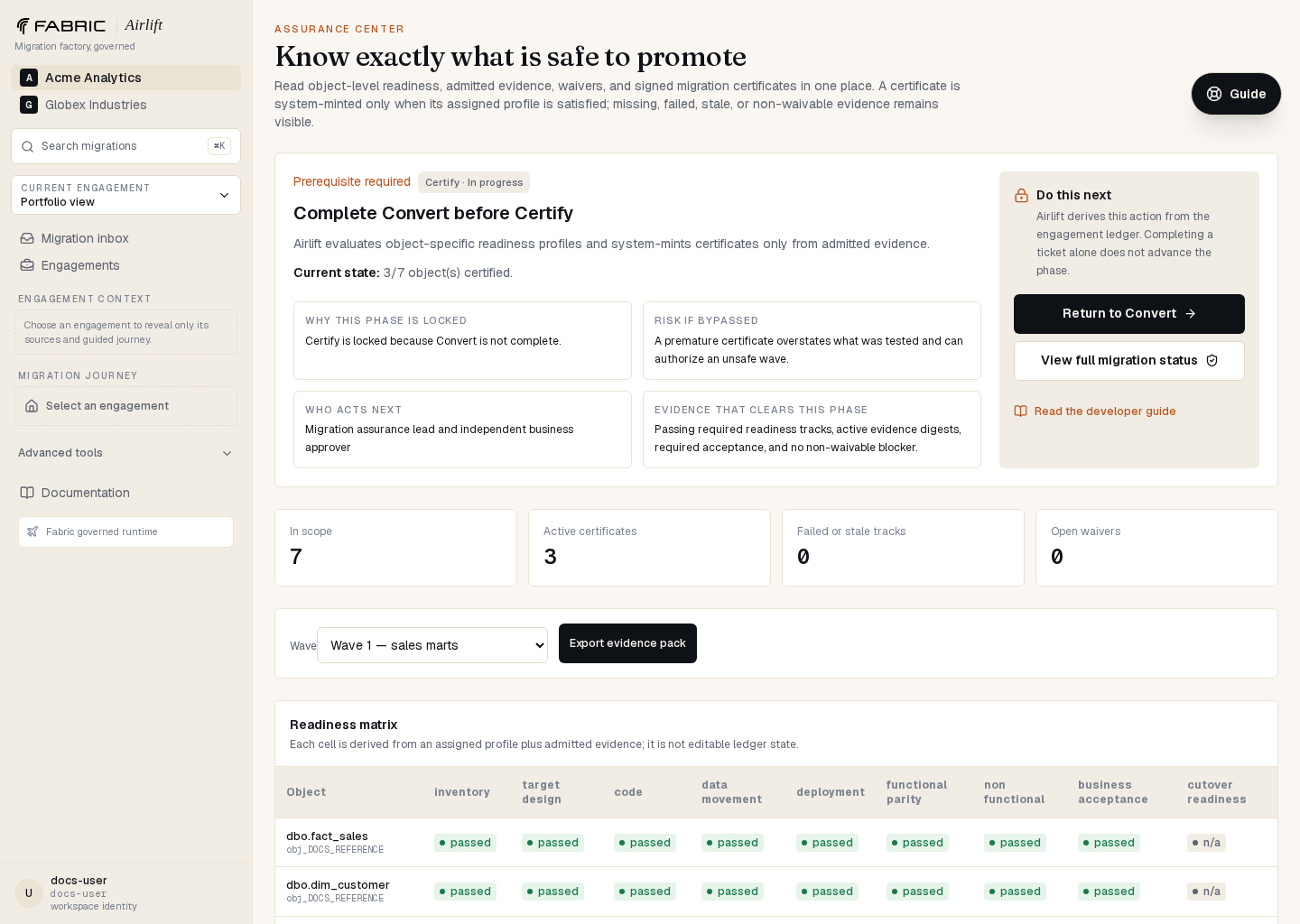 Airlift assurance center with object readiness tracks, certificates, waivers, and evidence export