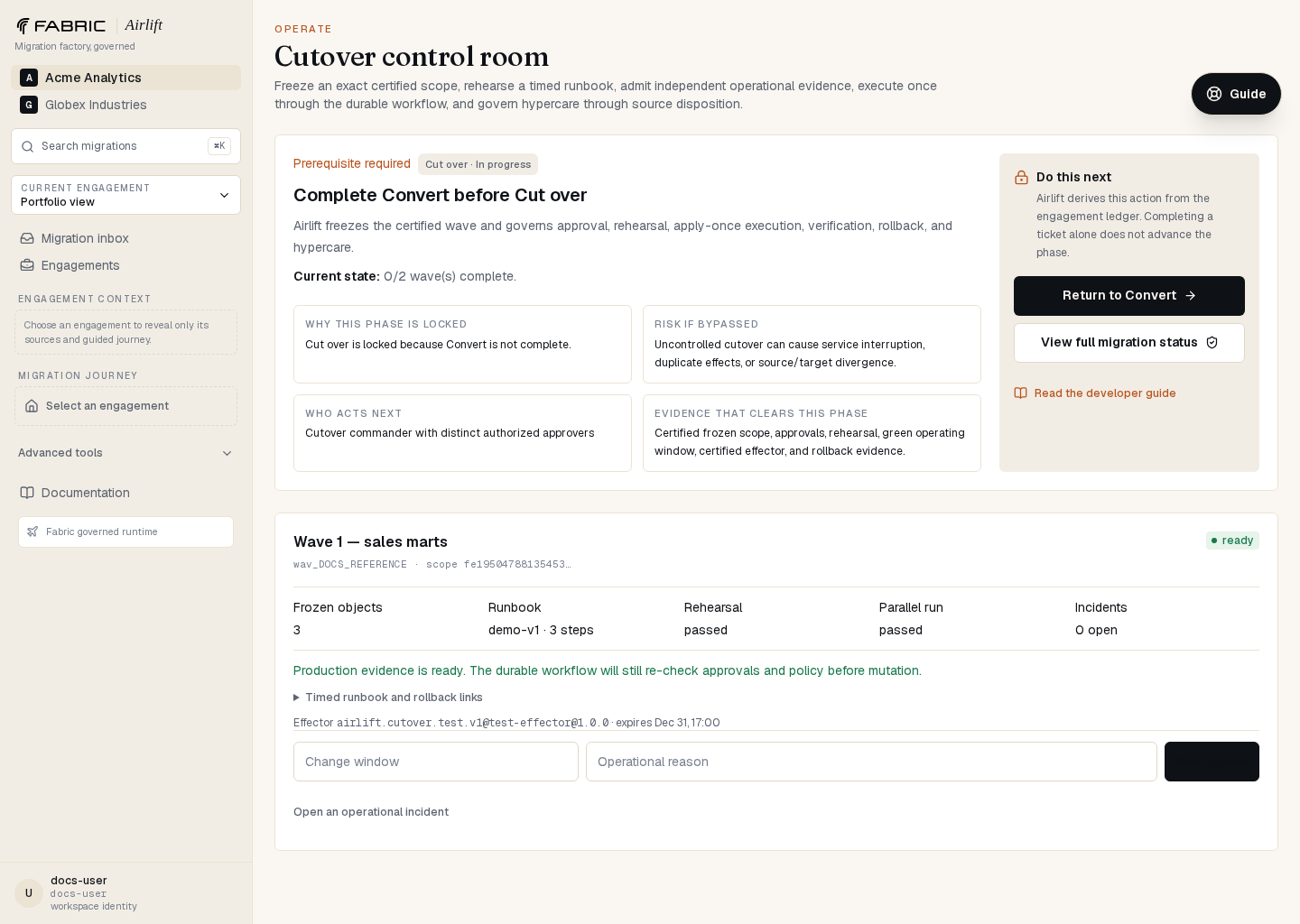 Airlift cutover control room with frozen wave, approvals, runbook, incidents, and rollback controls