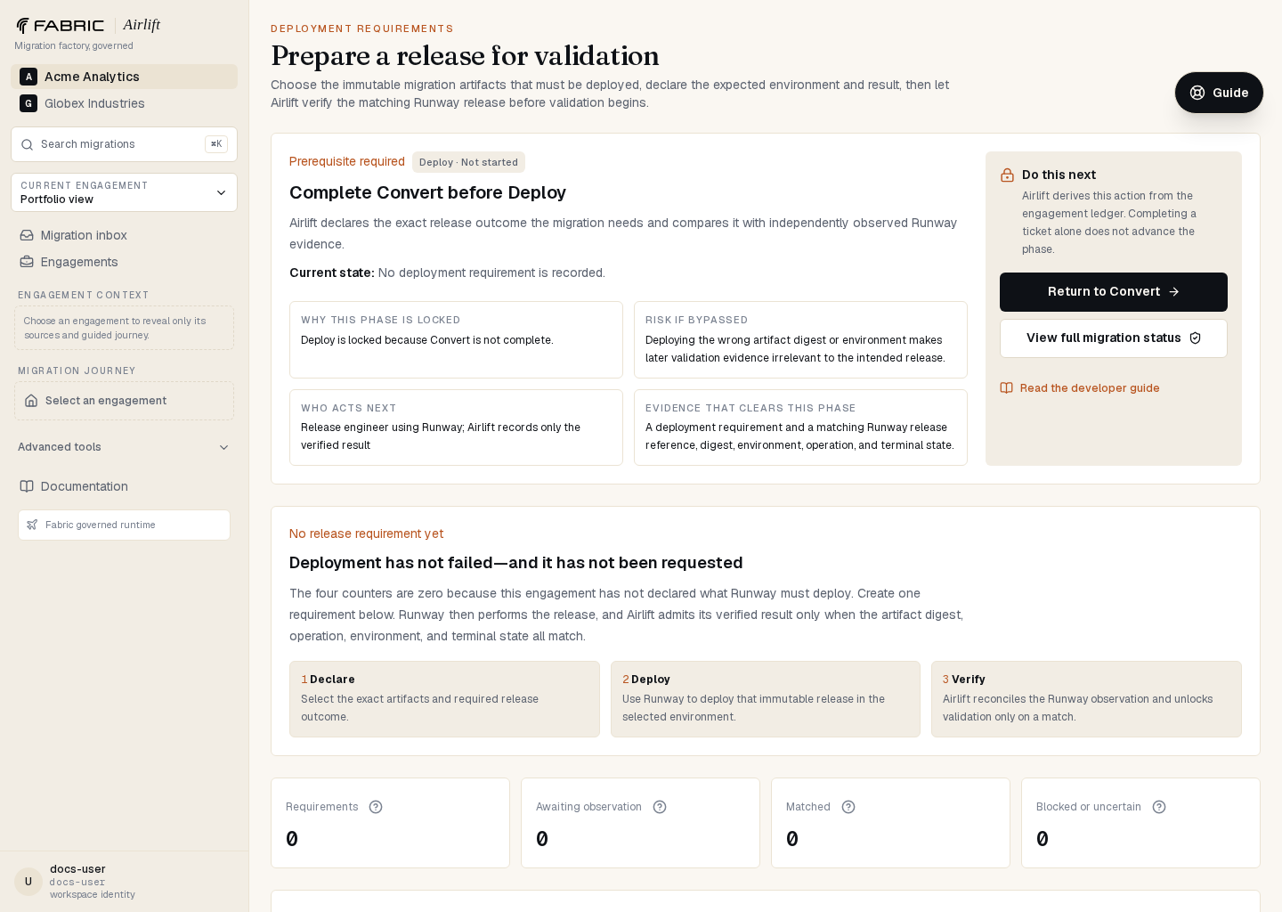 Airlift deployment requirements screen selecting immutable artifacts for a Runway release