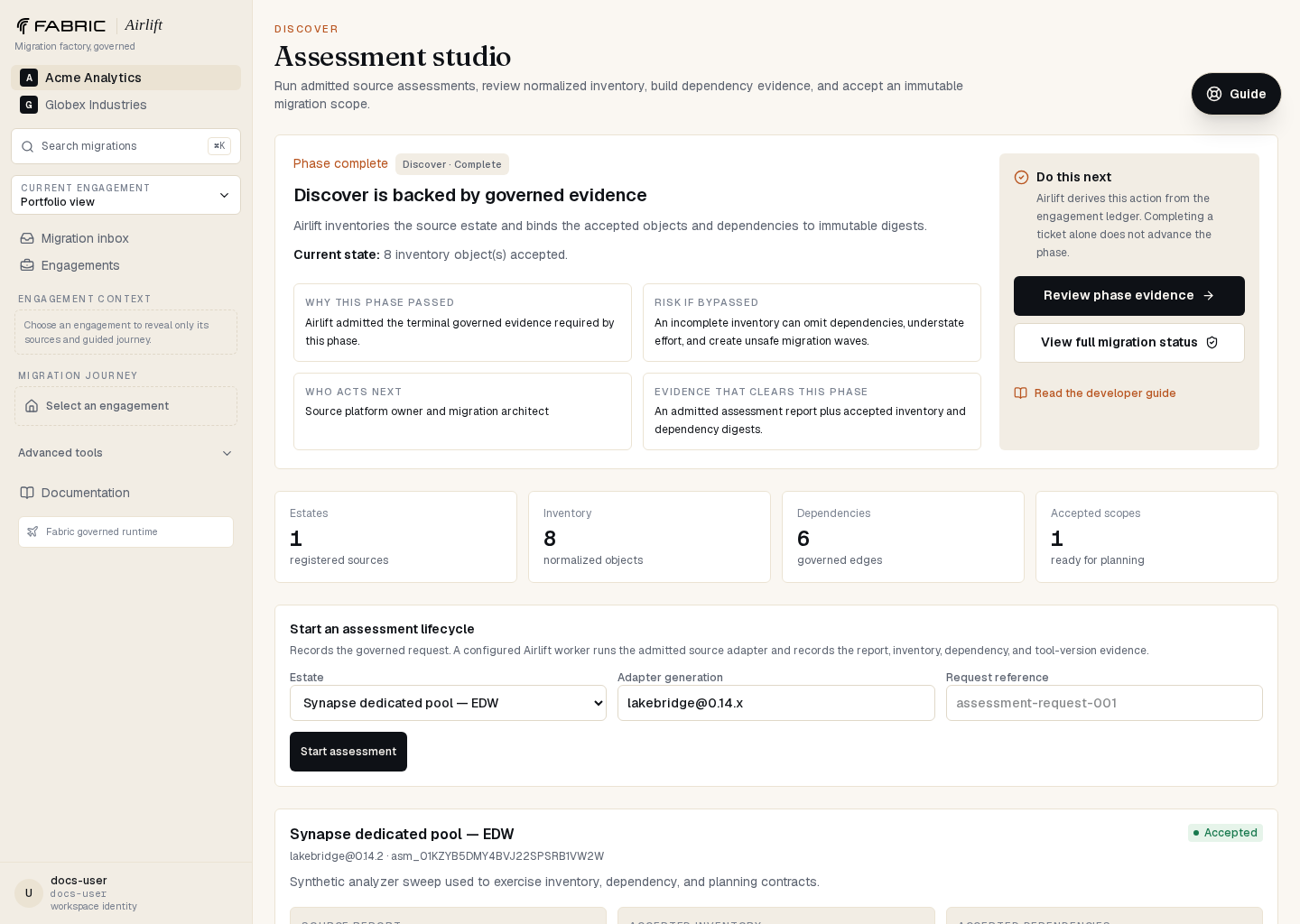 Airlift assessment studio with accepted Synapse inventory, dependencies, drift, and immutable scope digest