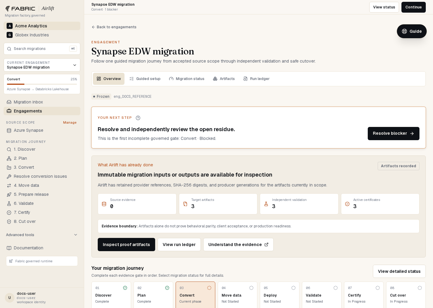 Synapse migration overview with evidence-backed progress and a recommended next action