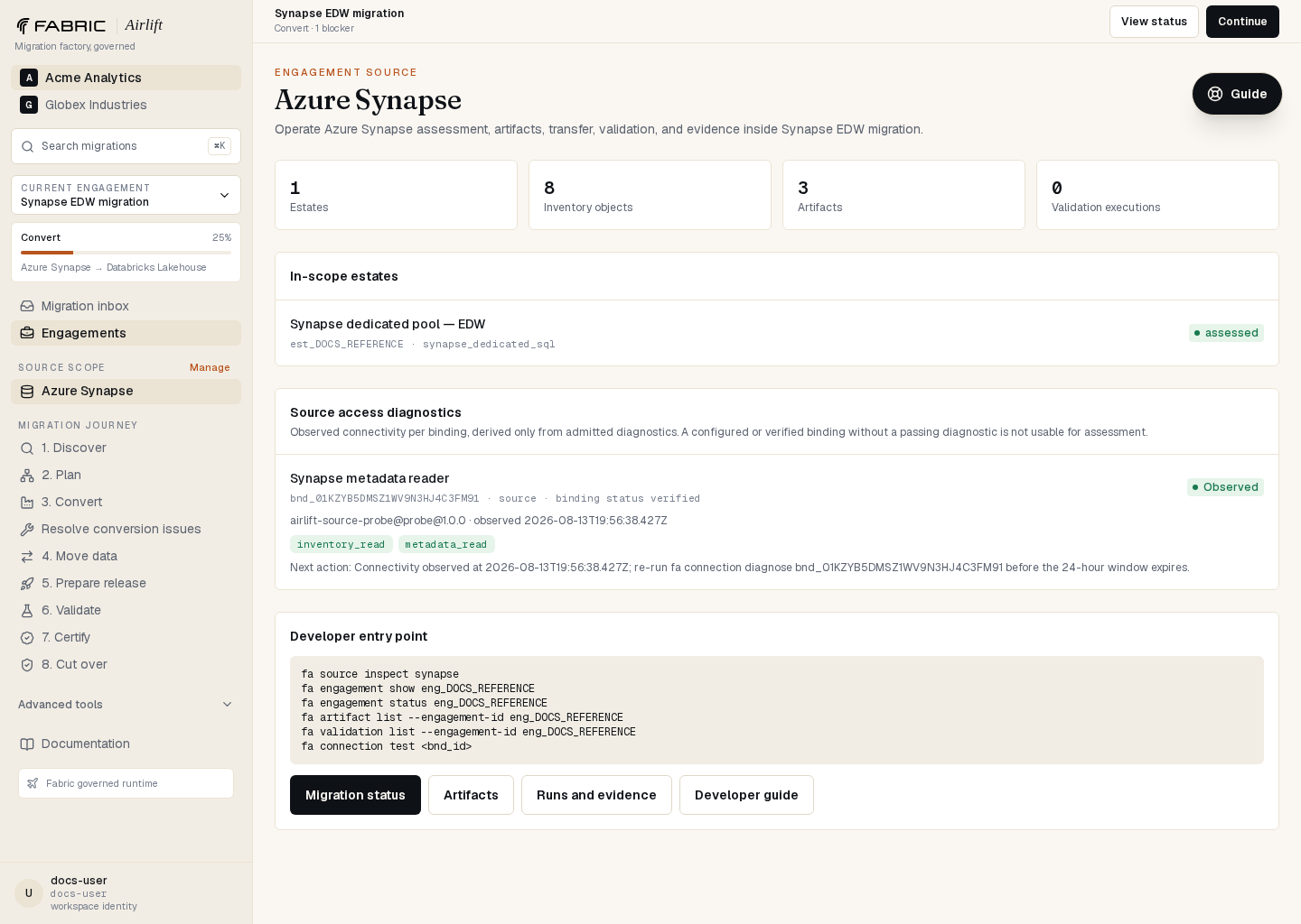 Engagement-scoped Azure Synapse source workspace with accepted estate and migration factory stages