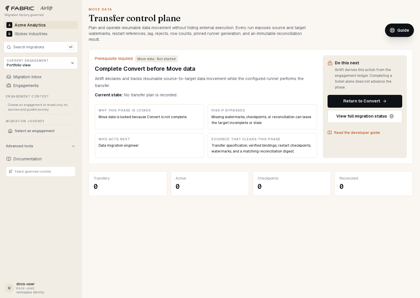 Airlift data-transfer workspace showing transfer strategy, checkpoints, watermarks, and reconciliation