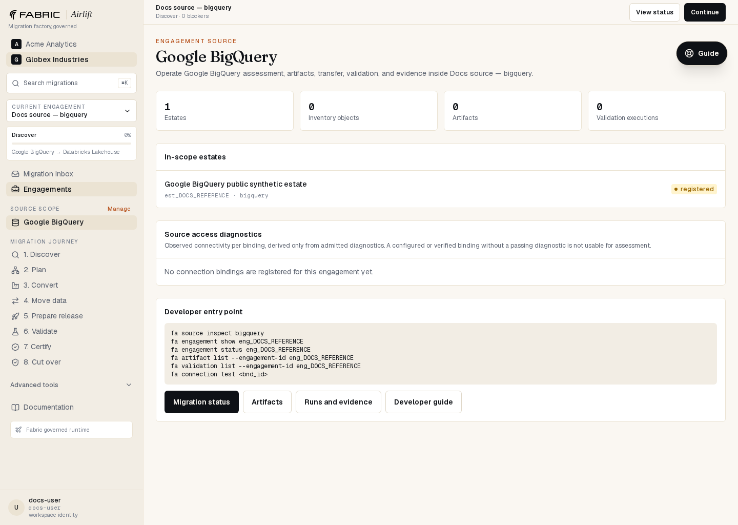 Airlift Google BigQuery source workspace showing the governed estate and developer command entry point