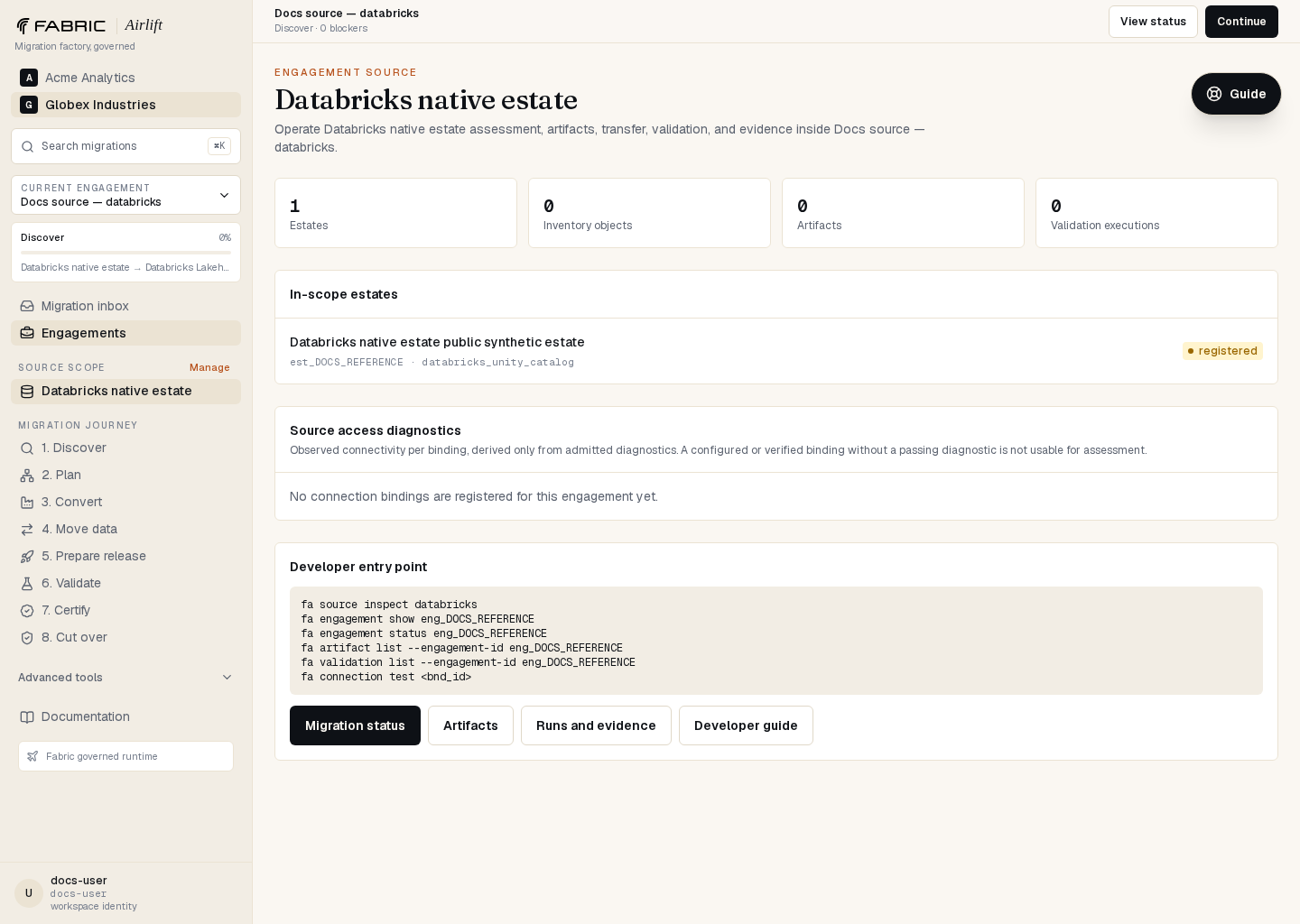 Airlift Databricks native estate source workspace showing the governed estate and developer command entry point
