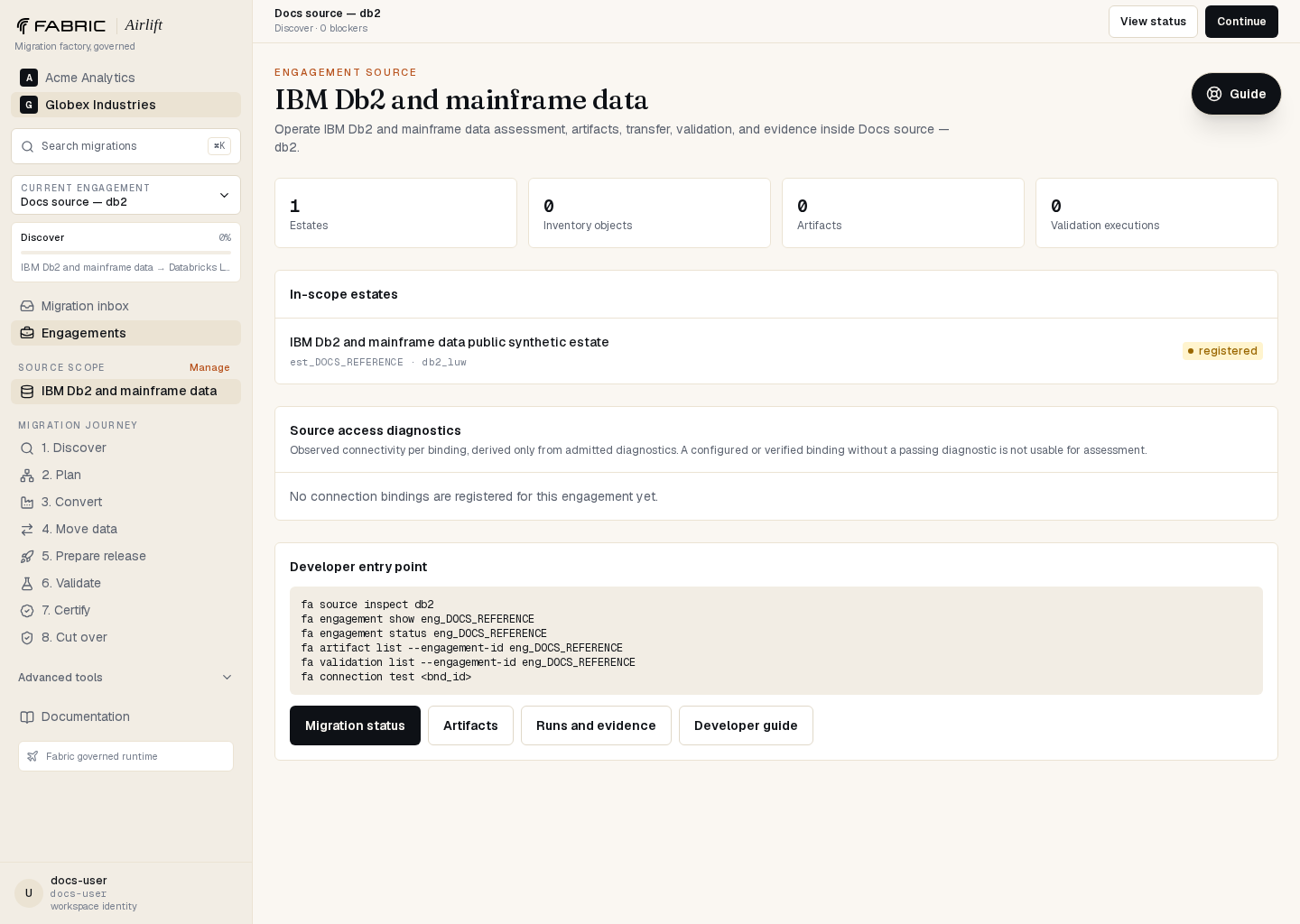 Airlift IBM Db2 and mainframe data source workspace showing the governed estate and developer command entry point