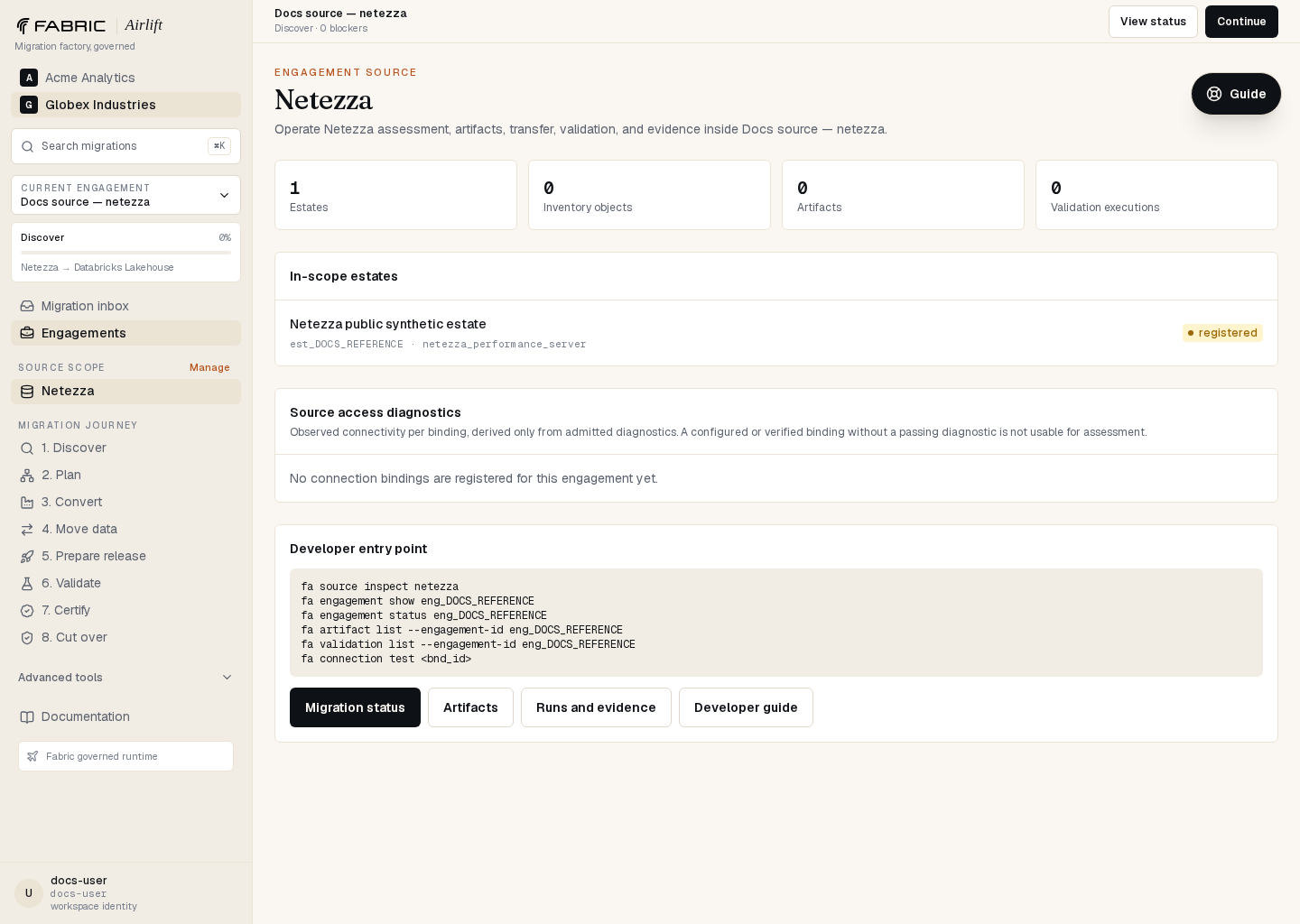 Airlift Netezza source workspace showing the governed estate and developer command entry point