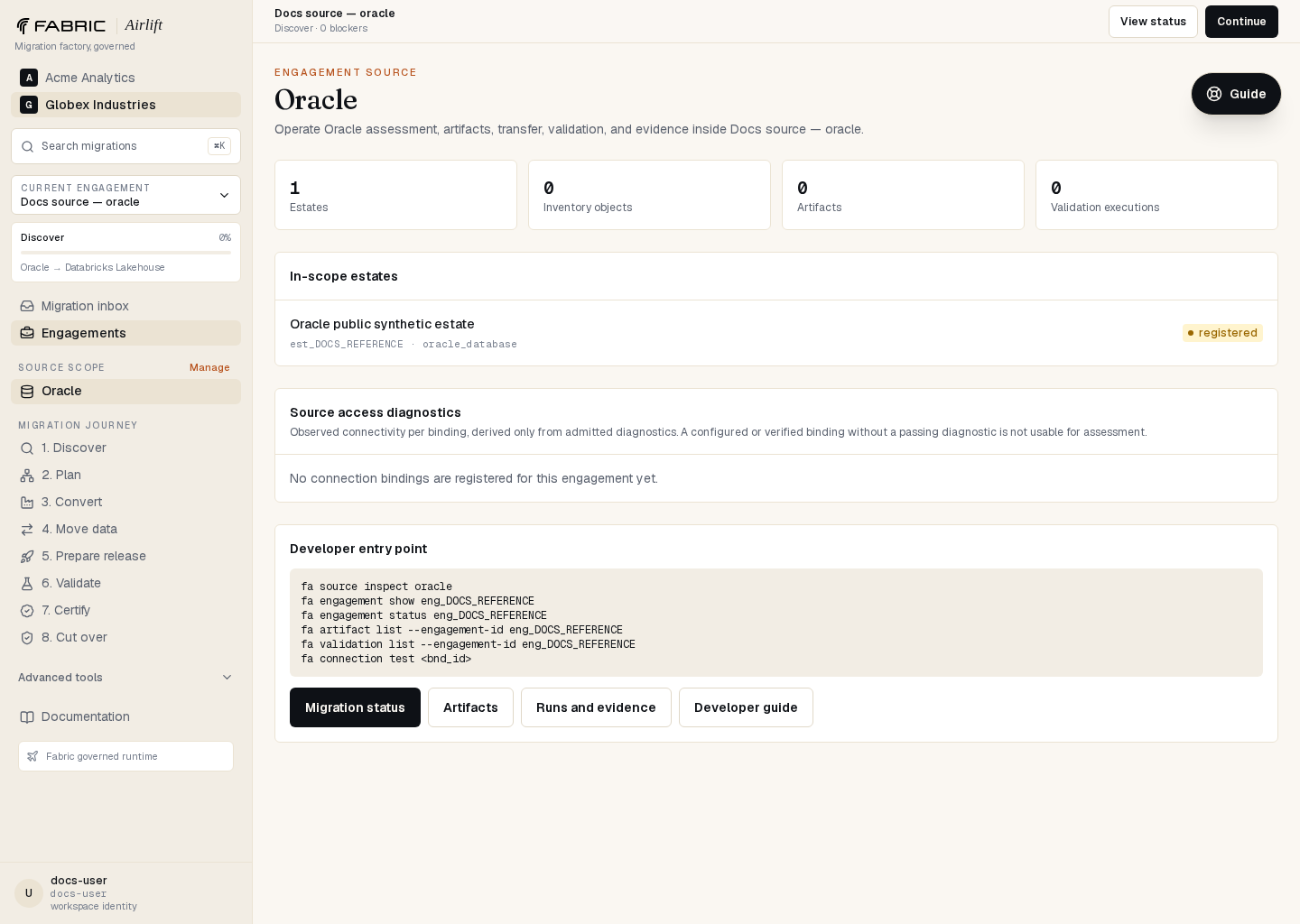 Airlift Oracle source workspace showing the governed estate and developer command entry point