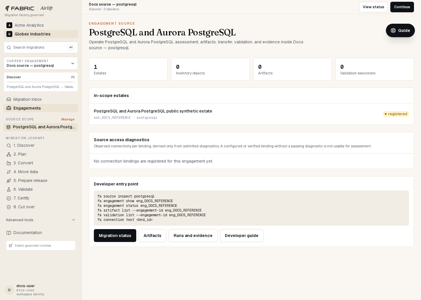 Airlift PostgreSQL and Aurora PostgreSQL source workspace showing the governed estate and developer command entry point