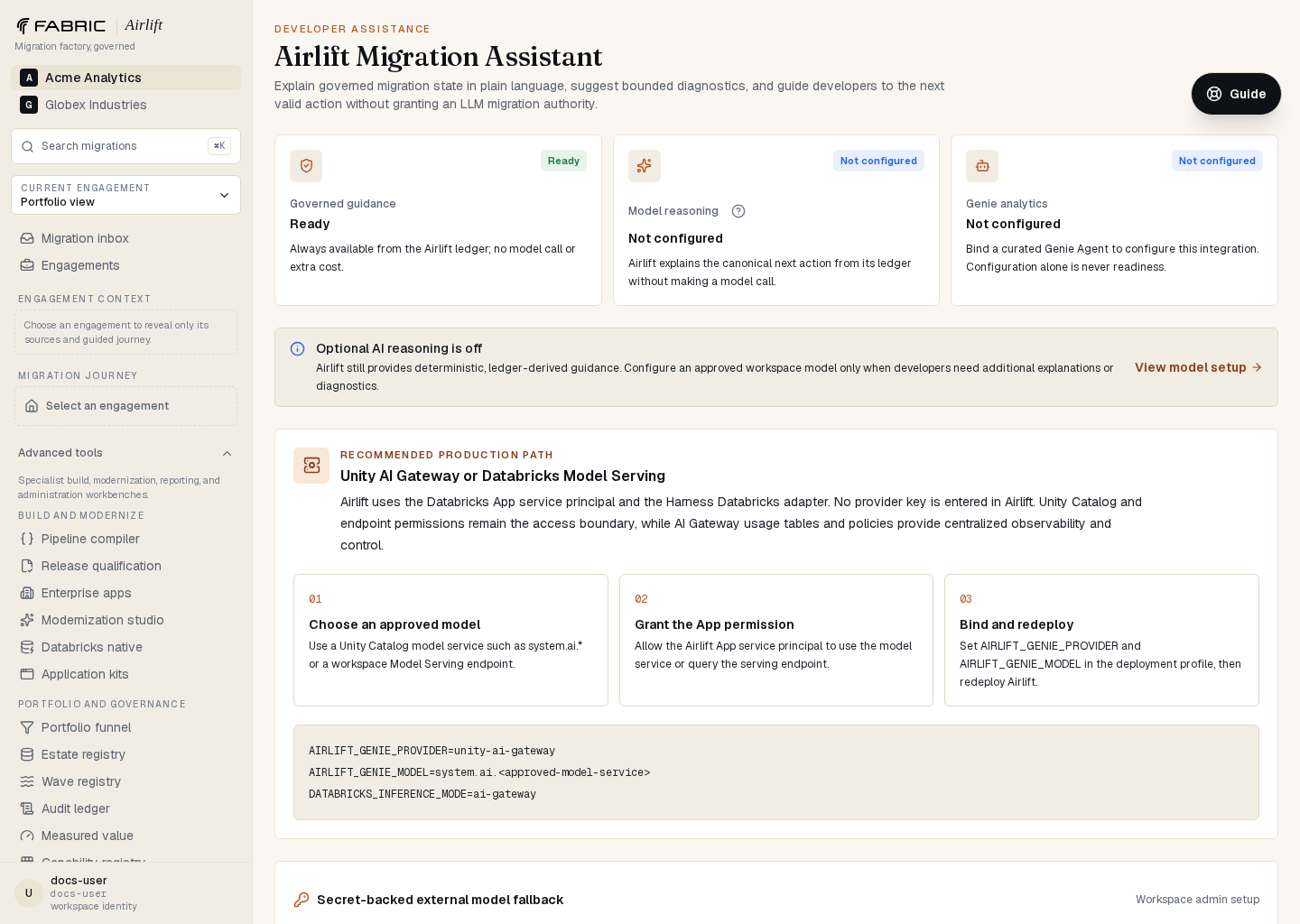 Airlift Migration Assistant configuration showing deterministic guidance and optional model reasoning providers
