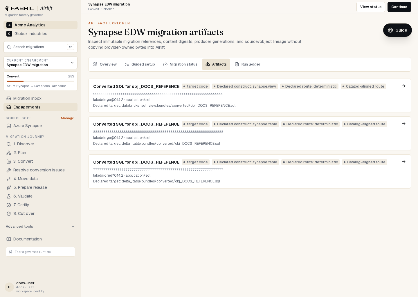 Airlift artifact explorer listing immutable migration outputs, SHA-256 digests, and provider references