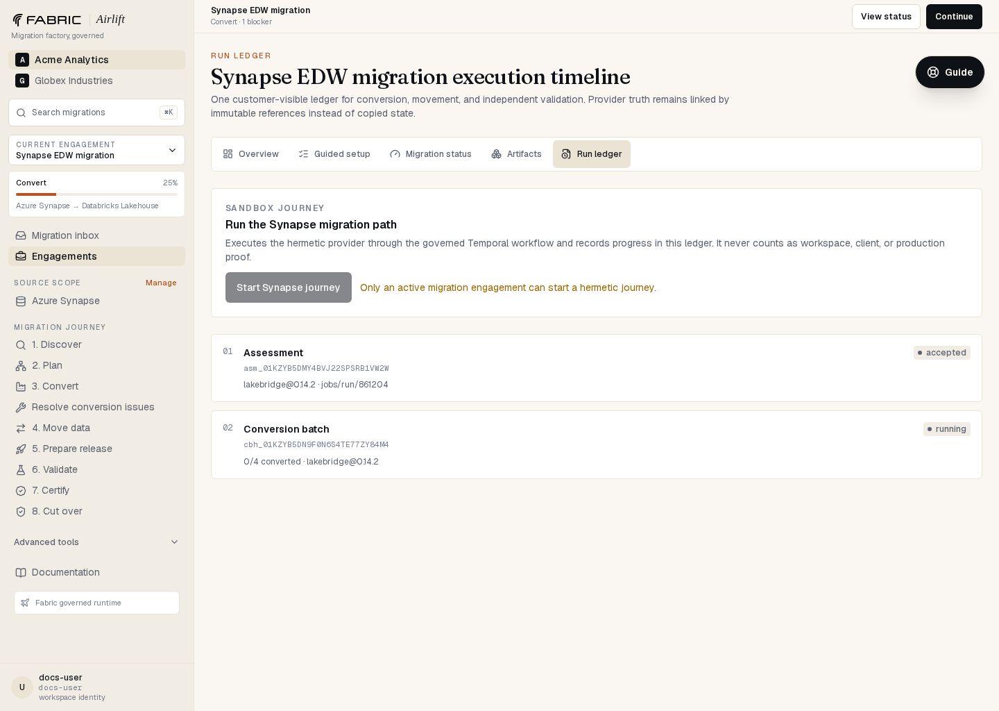 Airlift run ledger with assessment, conversion, transfer, deployment, and validation provider executions